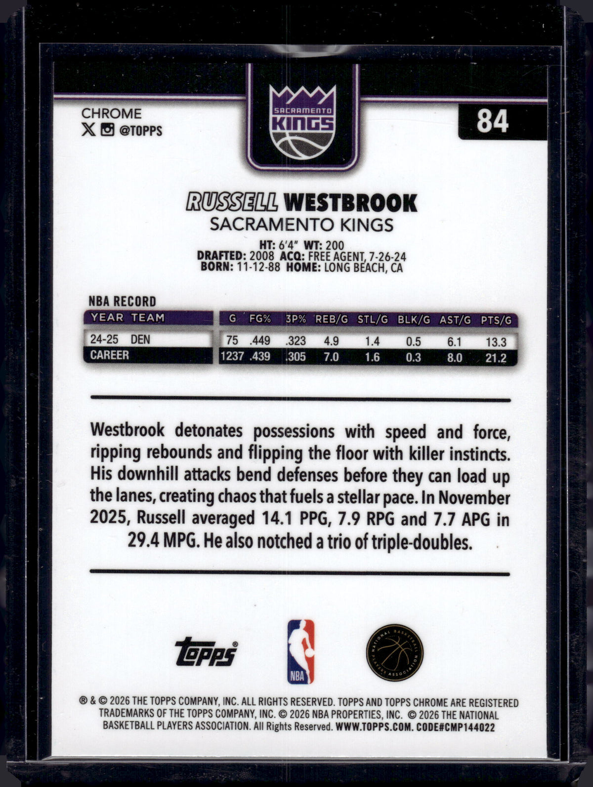 2026 Topps Chrome Russell Westbrook #84 Purple Wave /75