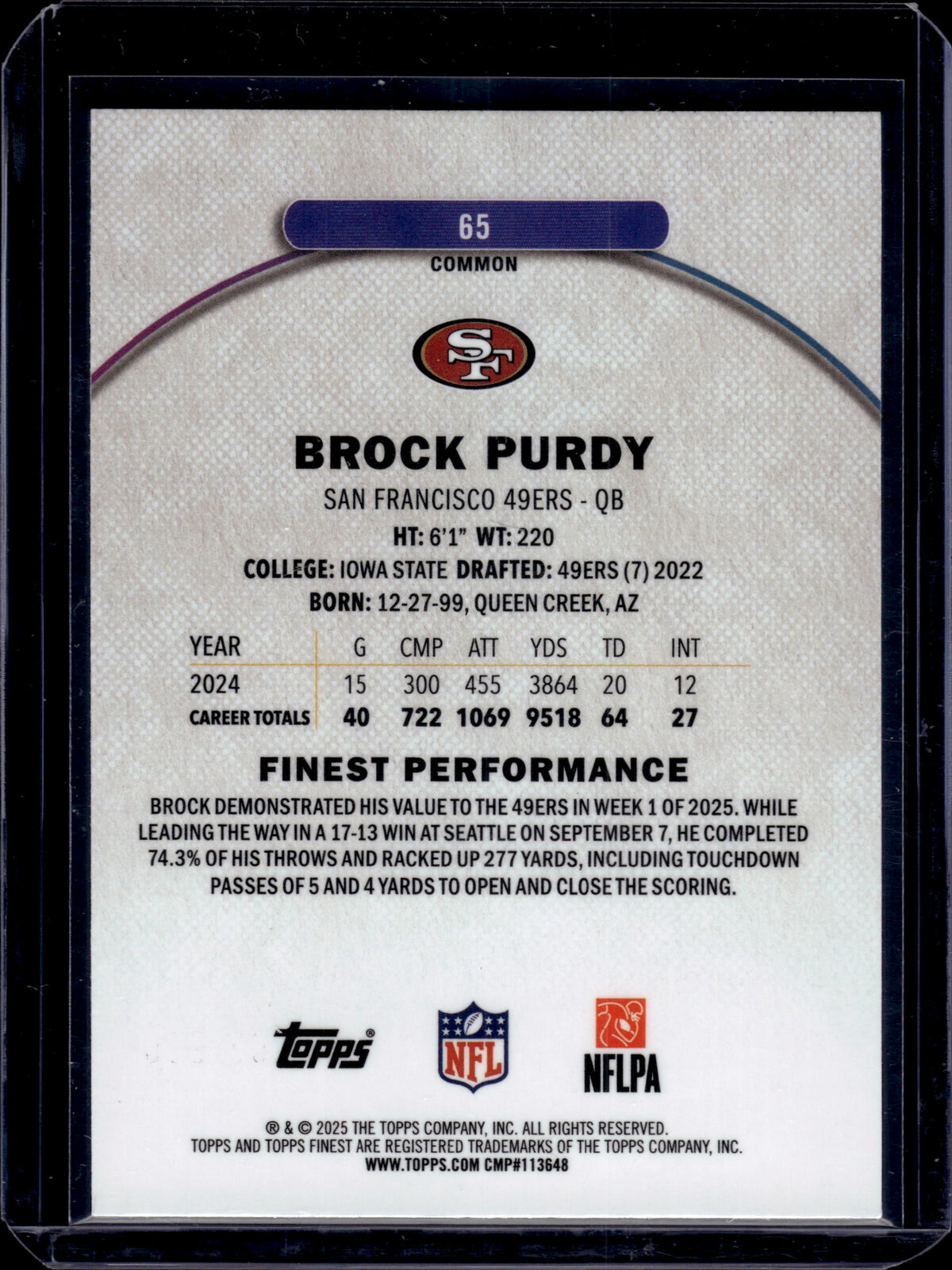 2025 Topps Finest Brock Purdy #65 Blue Refractor /200