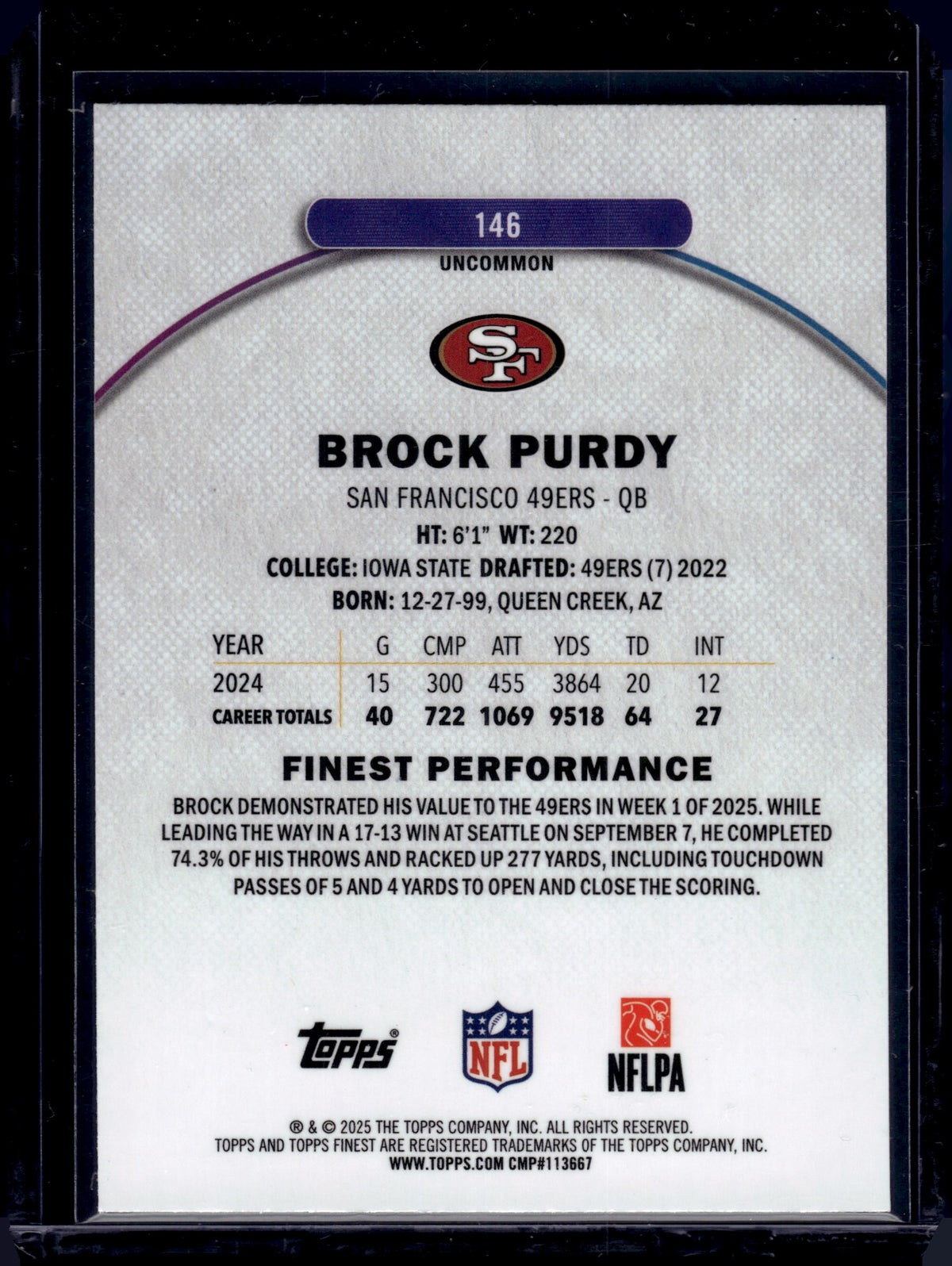 2025 Topps Finest Brock Purdy #146 Sky Blue Refractor /250