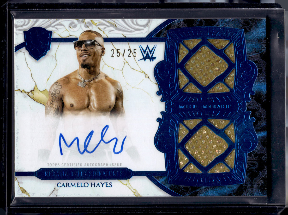 HL-P01 2025 Topps Royalty WWE Regalia Carmelo Hayes #RES-CHA /25 Auto Dual Relic