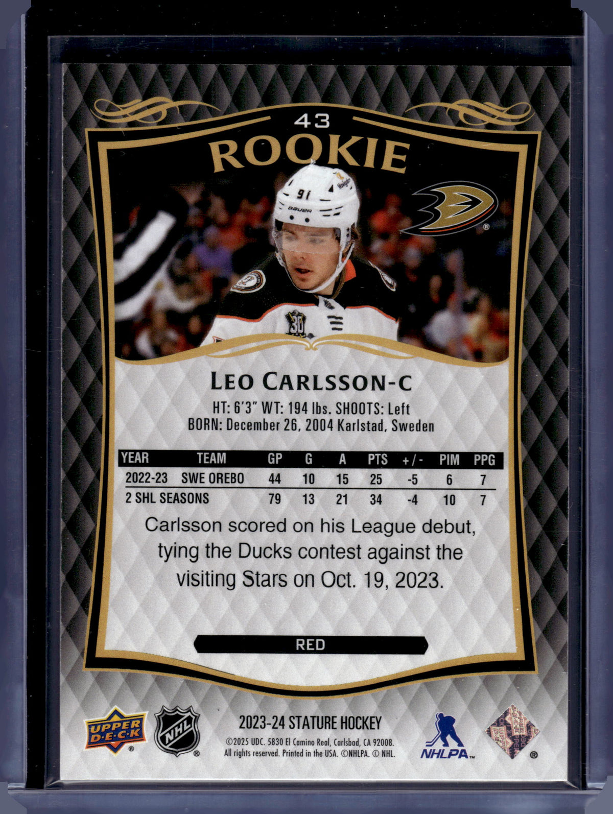 HL-P06 2025 Upper Deck Stature Leo Carlsson #43 Red /249