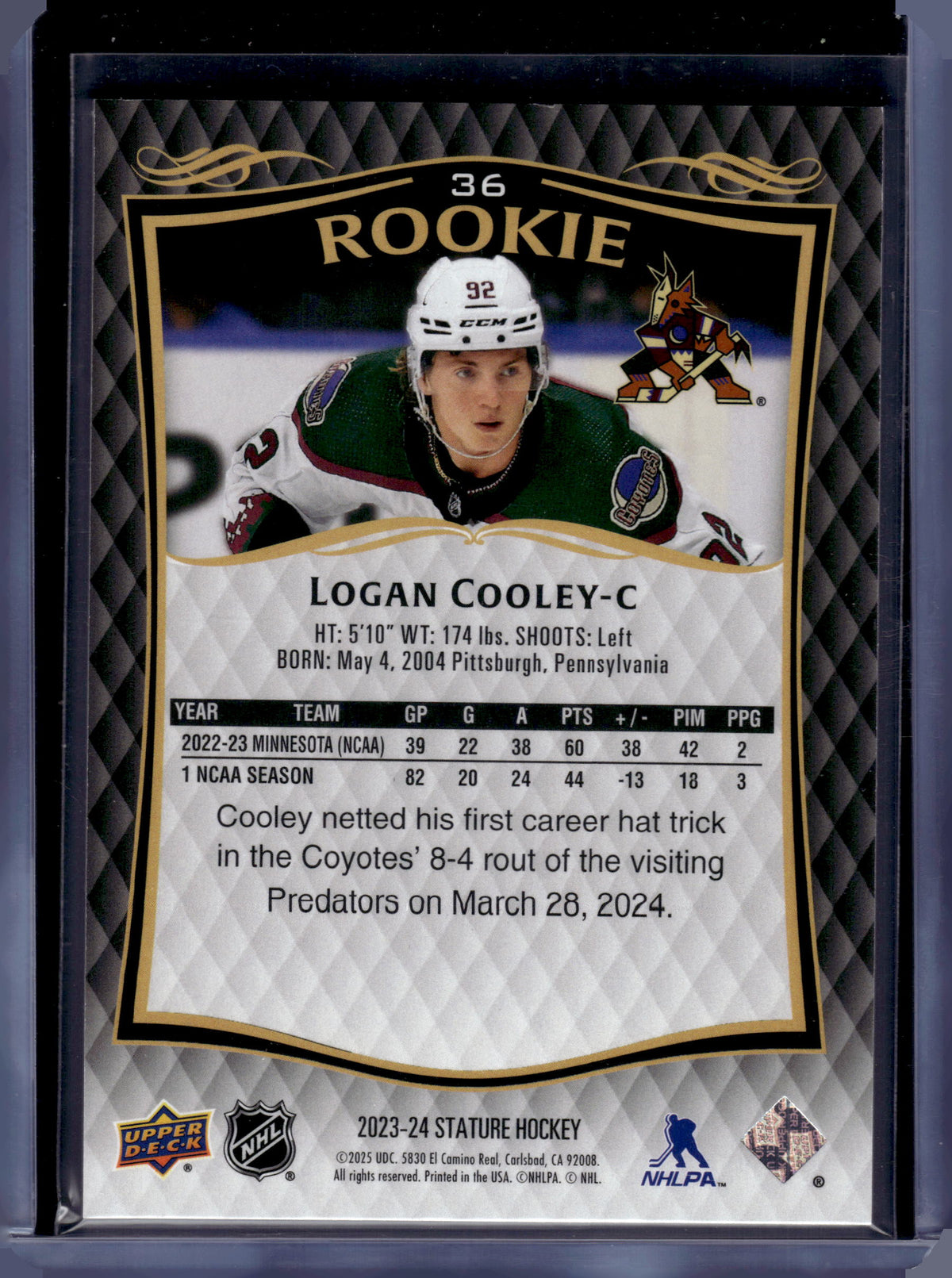 2023 HL-P06 2024 Upper Deck Stature Hockey Logan Cooley #36 /999