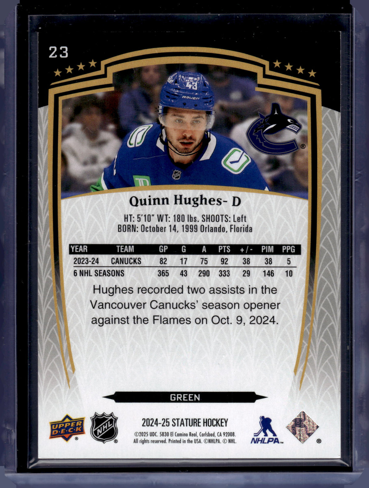 HL-P06 2024 Upper Deck Stature Quinn Hughes #23 Green /375