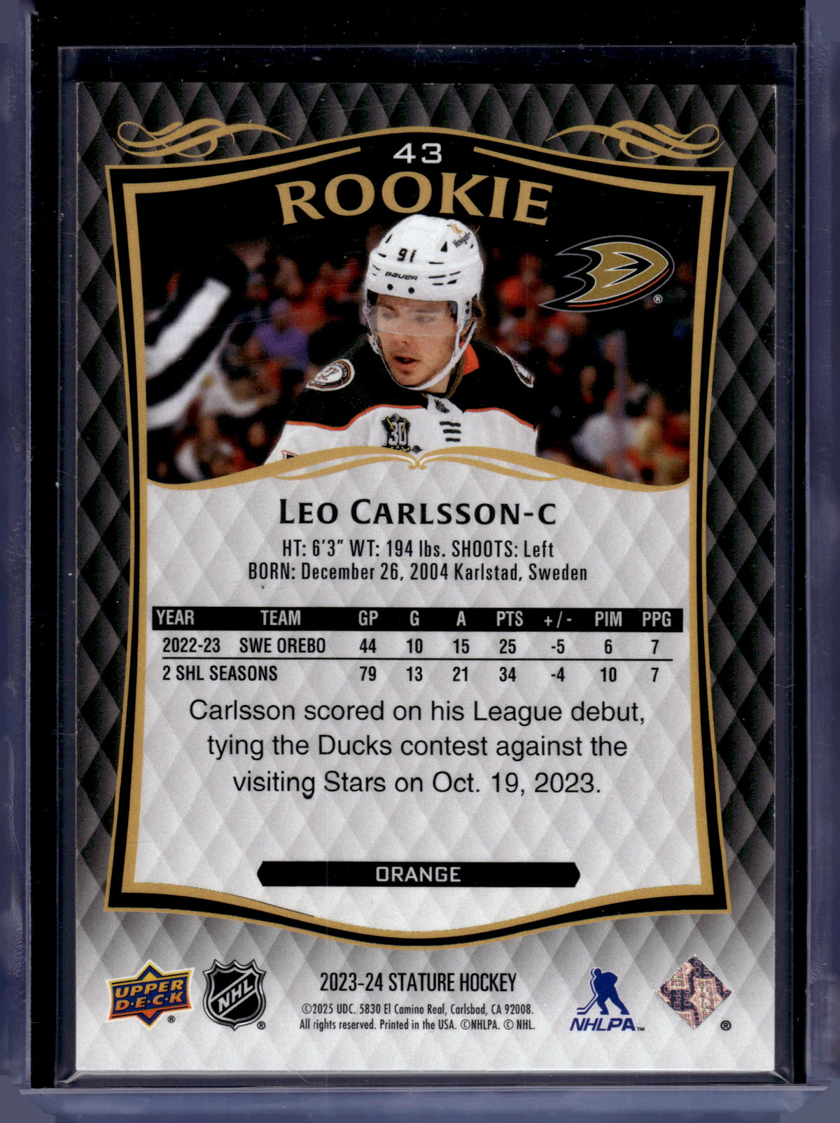 HL-P06 2025 Upper Deck Stature Leo Carlsson #43 Orange /199