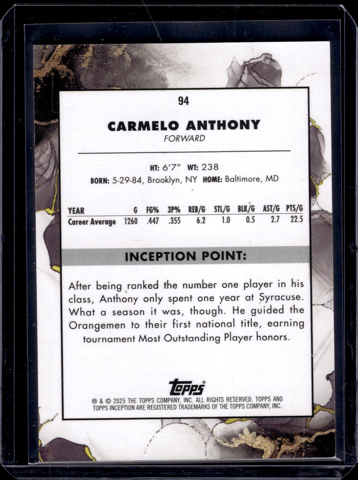 HL-P06 2025 Topps Inception Carmelo Anthony #94 Purple