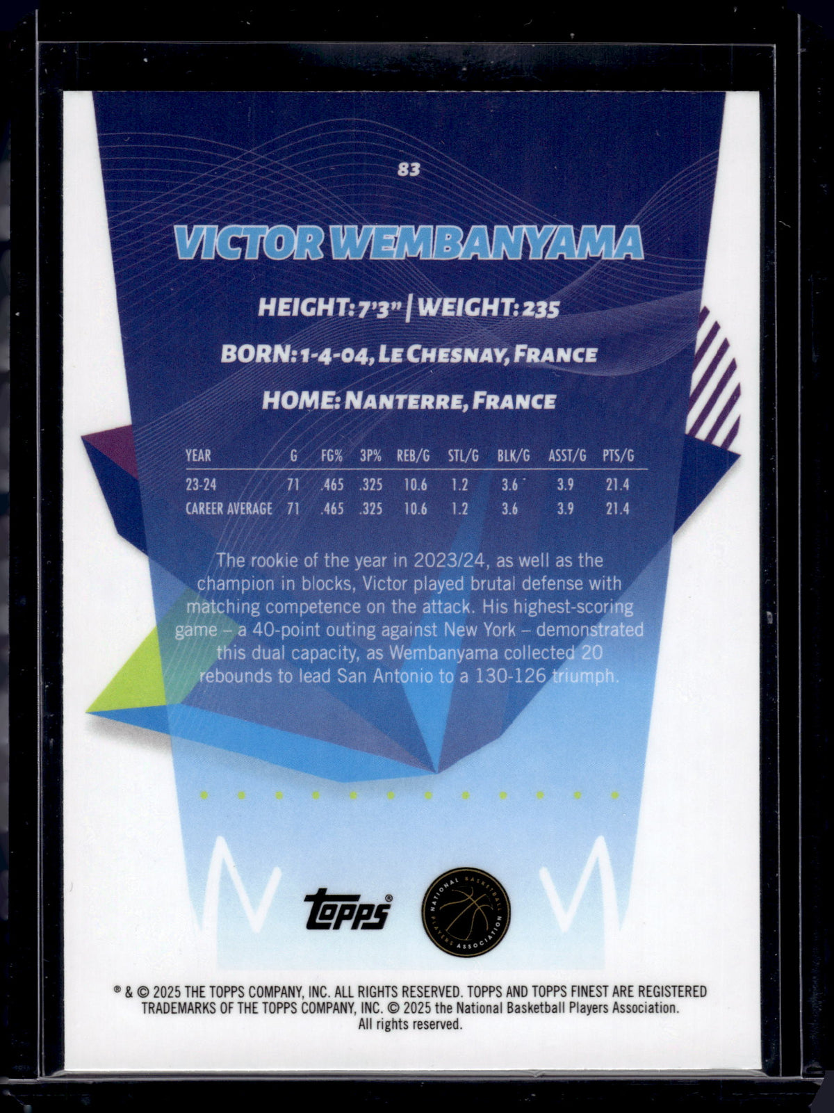 HL-INV 2025 Topps Finest Victor Wembanyama #83 Green Refractor
