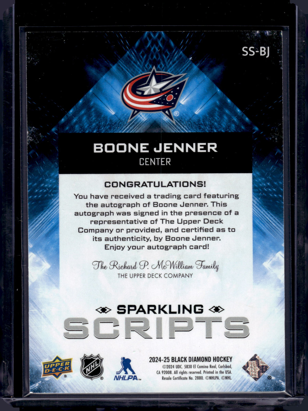 2024 Upper Deck Black Diamond Sparkling Scripts Boone Jenner #SS-BJ Auto