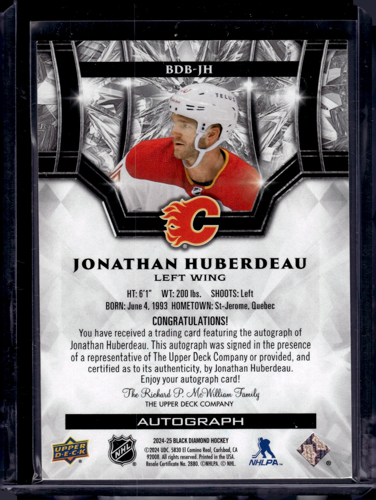 2024 Upper Deck Black Diamond Hockey Jonathan Huberdeau #BDB-JH /49 Auto