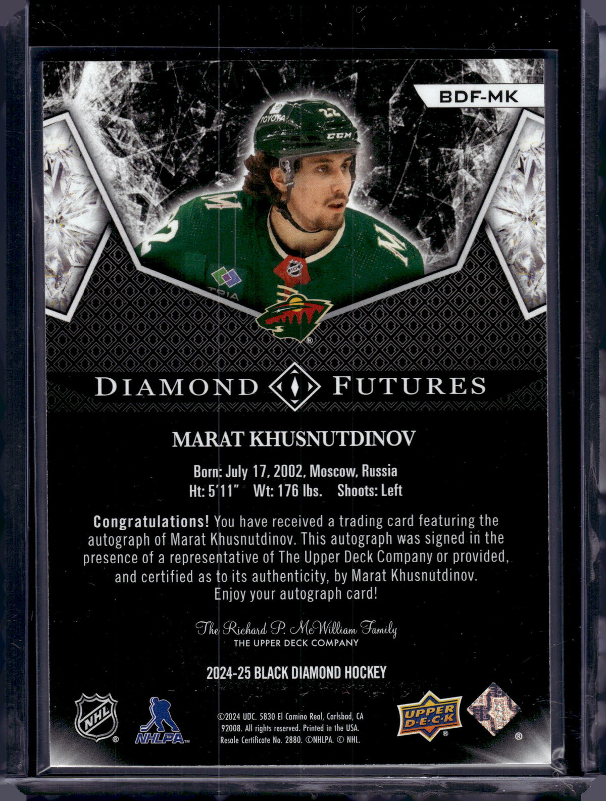 2024 Upper Deck Black Diamond Futures Marat Khusnutdinov #BDF-MK /65 Auto