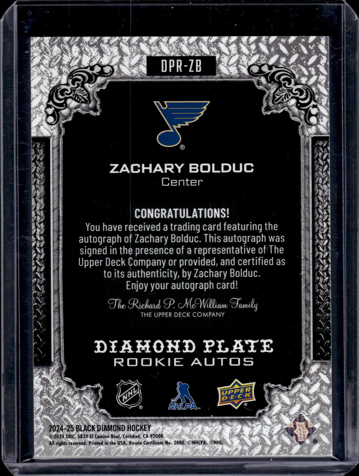2024 Upper Deck Black Diamond Plate Zachary Bolduc #DPR-ZB /99 Auto