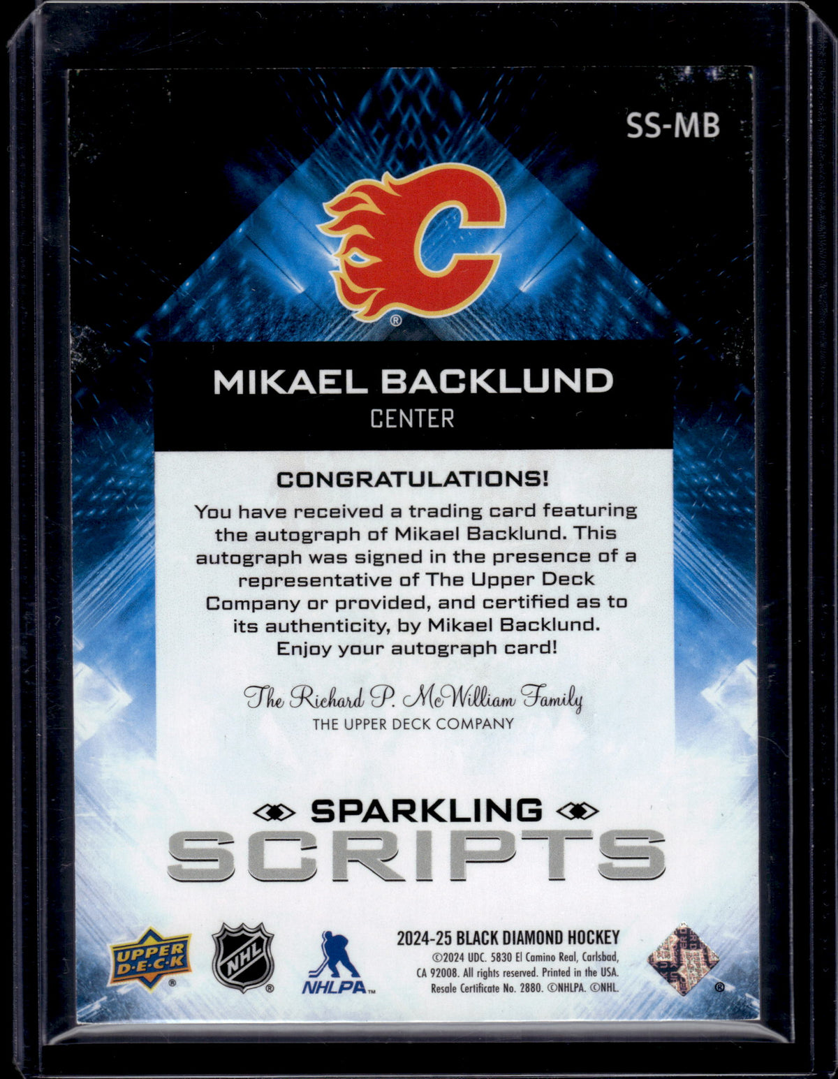 2024 UDC Black Diamond Sparkling Scripts Mikael Backlund #SS-MB Auto