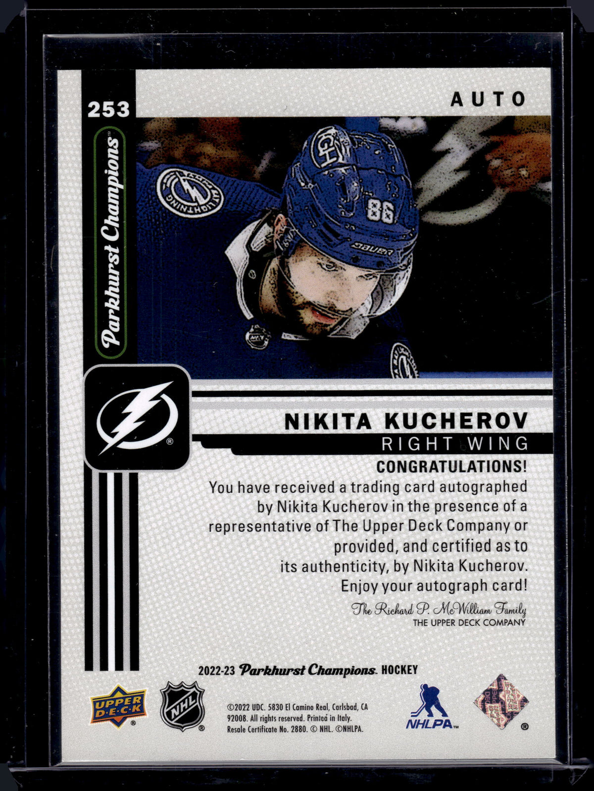 2022 Upper Deck Parkhurst Champions Nikita Kucherov #253 Veteran Auto