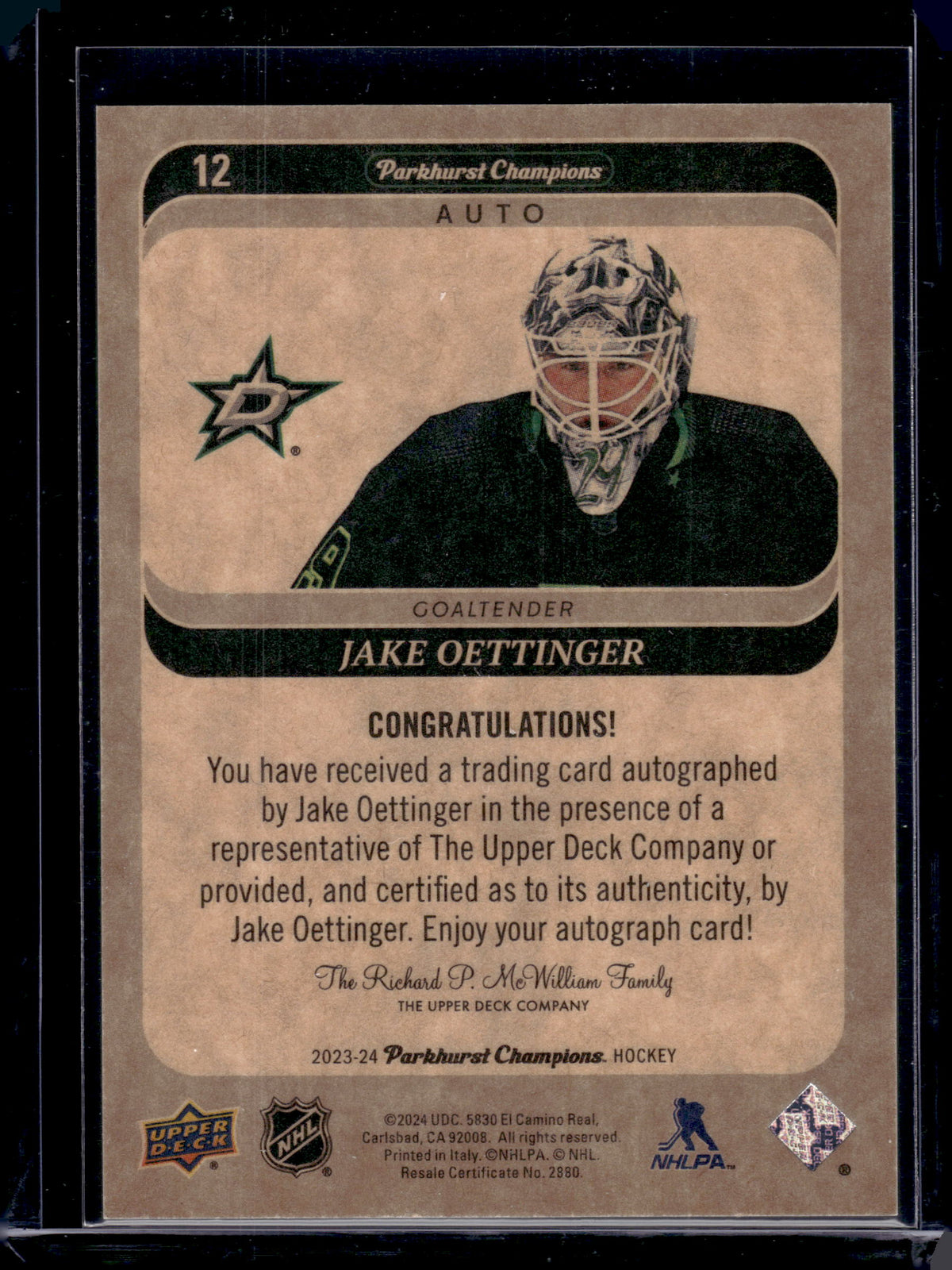 2024 Upper Deck Parkhurst Champions Jake Oettinger #12 Auto