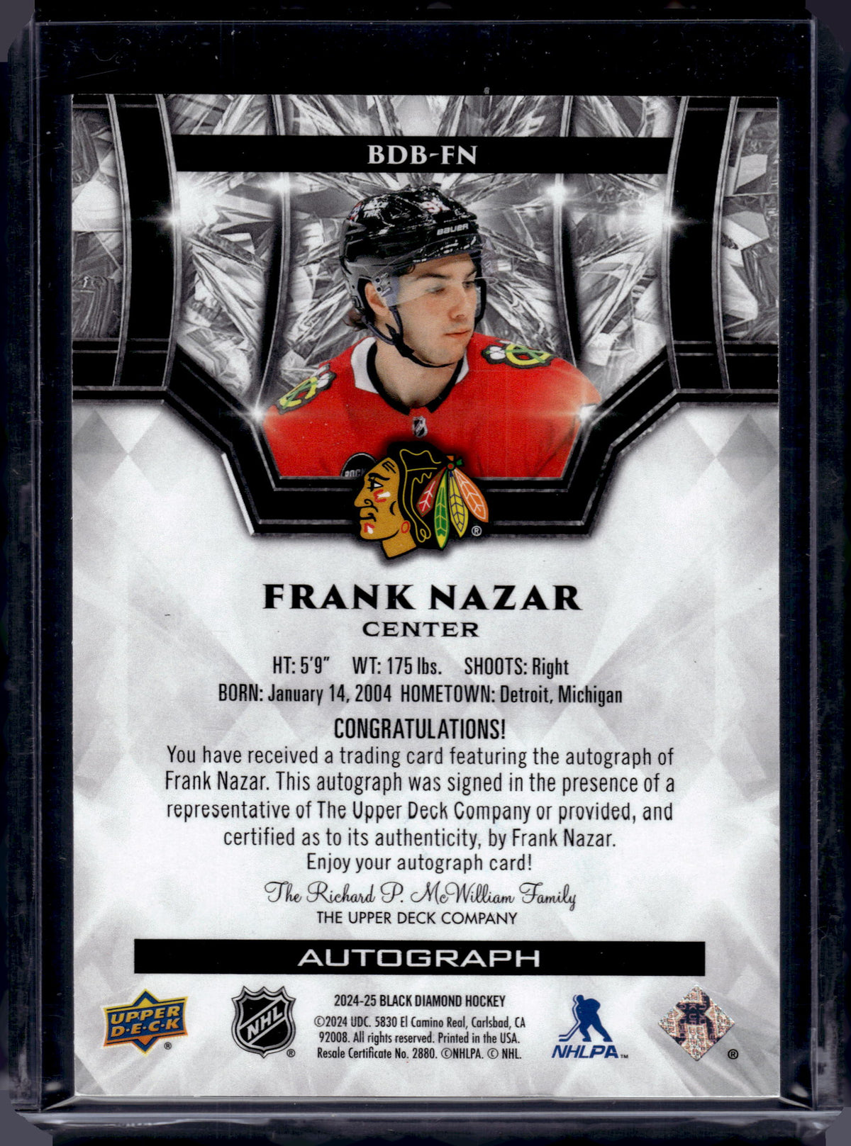 2024 Upper Deck Black Diamond Frank Nazar #BDB-FN /49 Auto