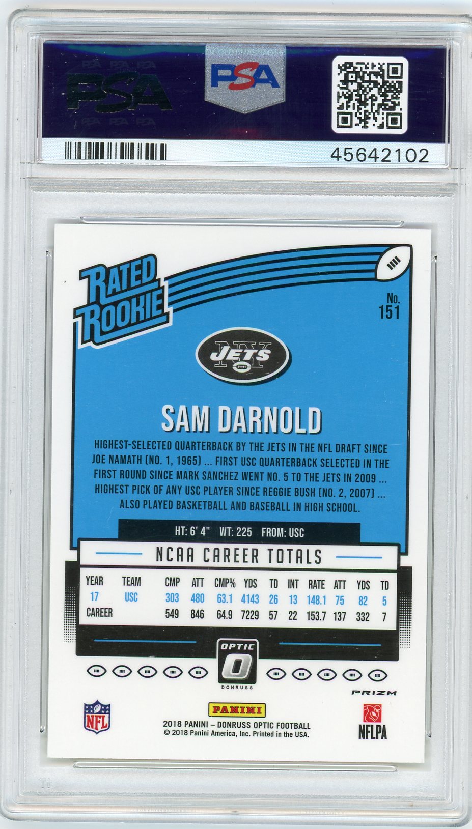 2018 Panini Donruss Optic Sam Darnold #151 Red Yellow PSA 9