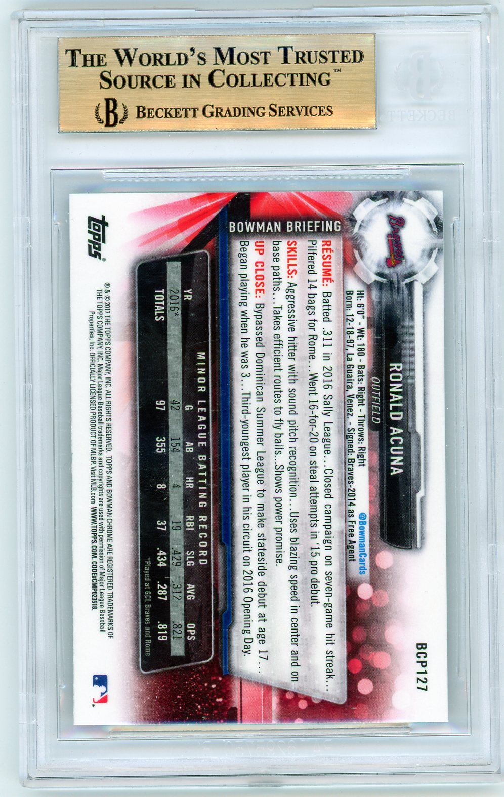 2017 Bowman Chrome Mega Box Prospects Refractors Ronald Acuna #BCP127 BGS 9.5