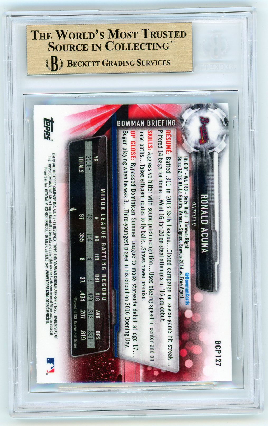 2017 Bowman Chrome Mega Box Prospects Refractors Ronald Acuna #BCP127 BGS 9.5