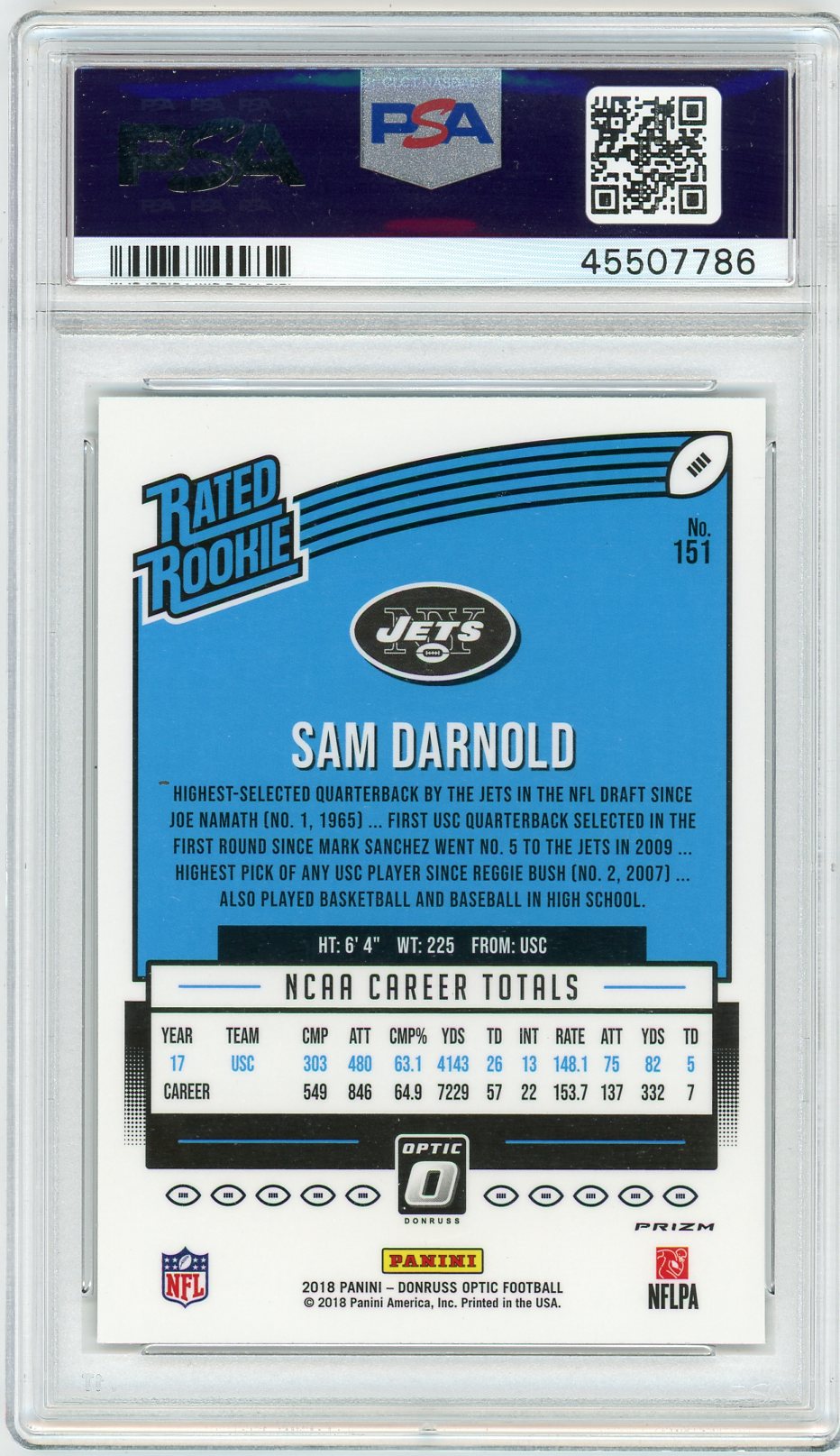 2018 Panini Donruss Optic Sam Darnold #151 Bronze PSA 9