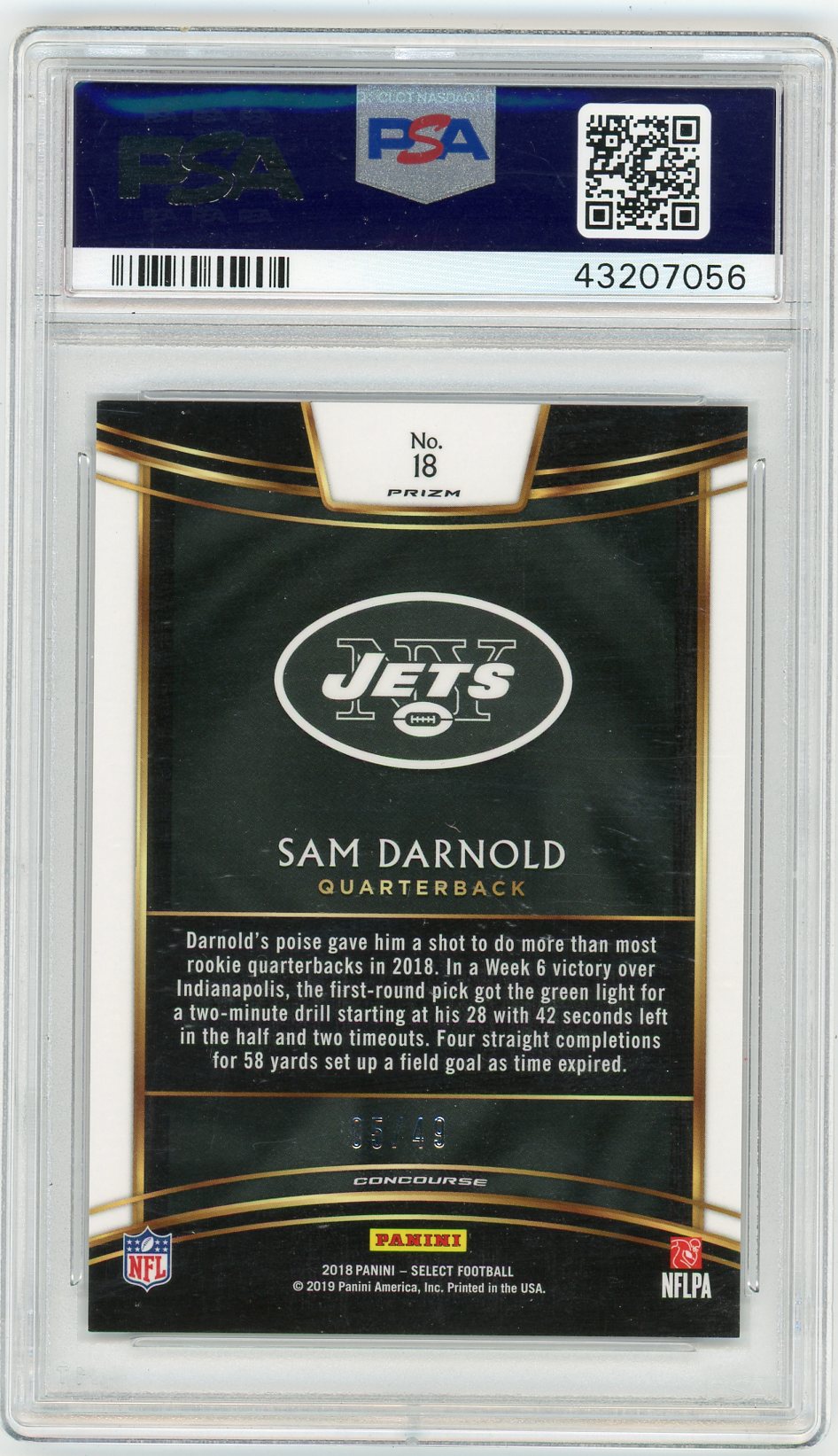2018 Panini Select Sam Darnold #18 Orange Prizm PSA 10