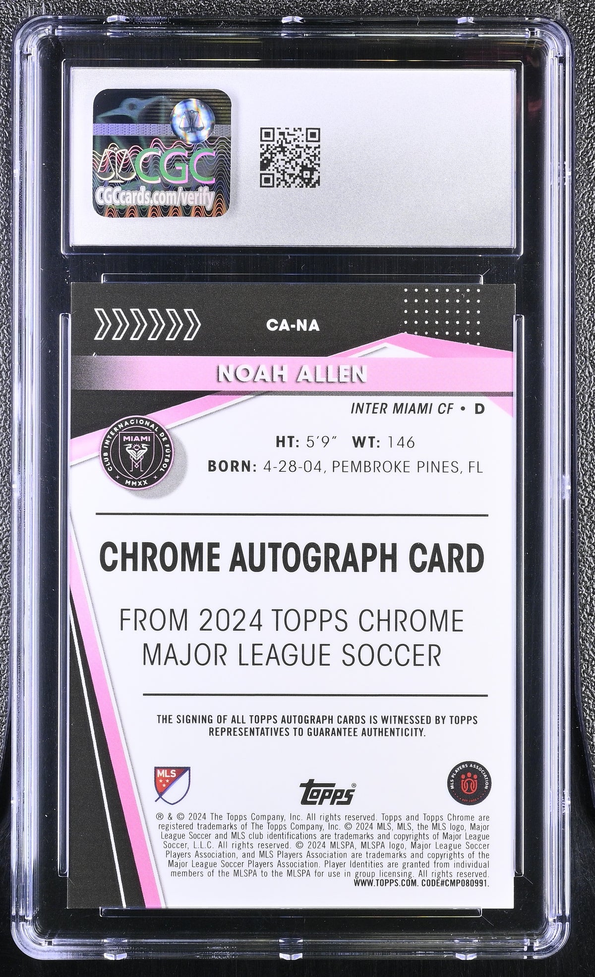2024 Topps Chrome MLS Noah Allen #CA-NA Pink Pulsar Autographs CGC 10 Auto 9