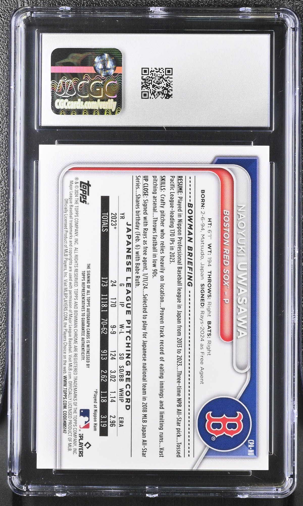 2024 Bowman Chrome Naoyuki Uwasawa #CPA-NU Gold Shimmer /50 Prospect Auto CGC 10