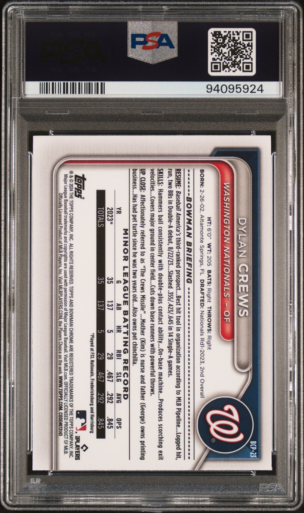 2024 Bowman Chrome Prospects Dylan Crews #BCP23 Speckle Ref PSA 9