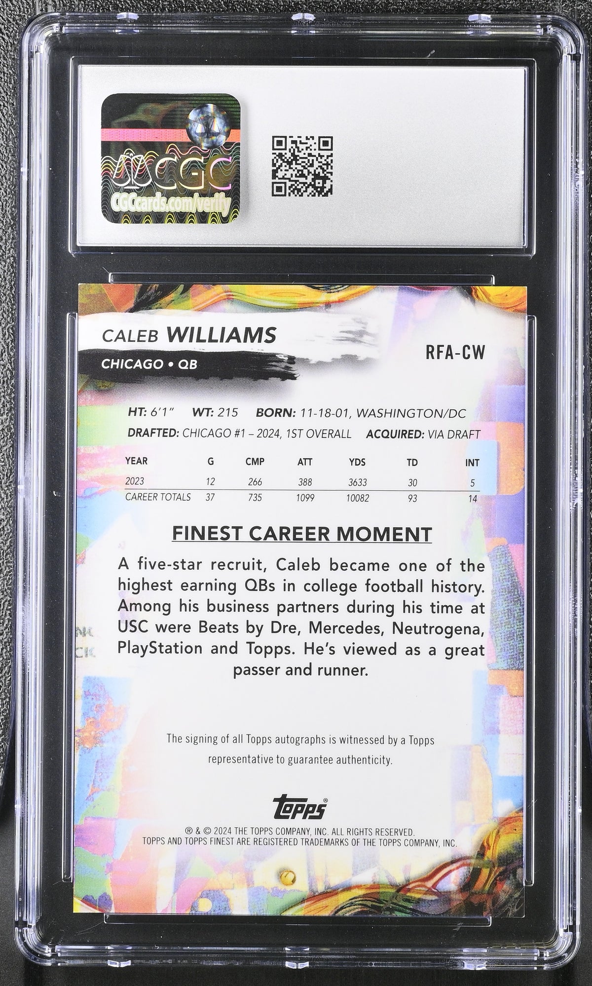 2024 Topps Finest Caleb Williams #RFA-CW Rookie Autographs CGC 10 Auto 10