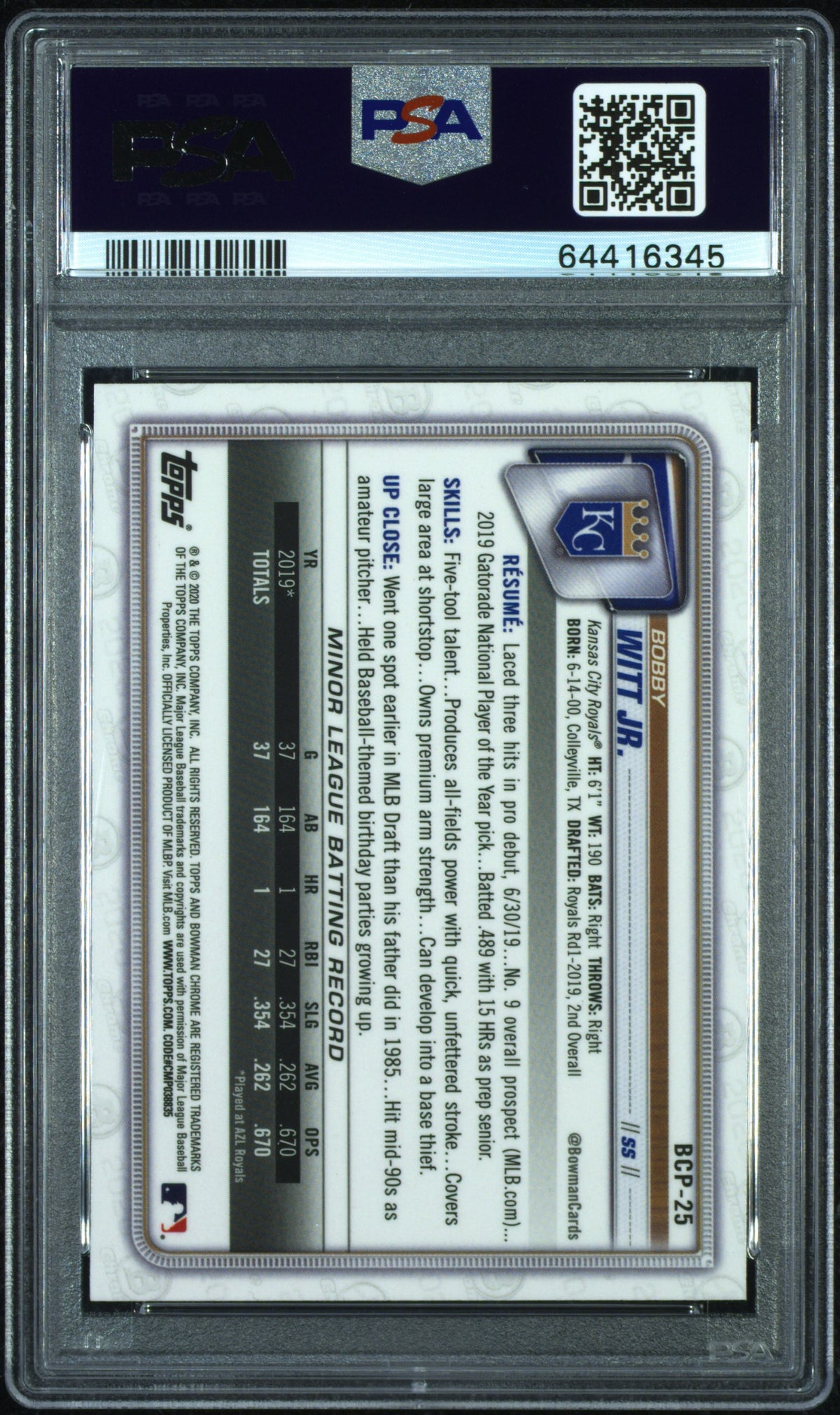 2020 Bowman Chrome Mega Box Bobby Witt JR. #BCP25 PSA 10