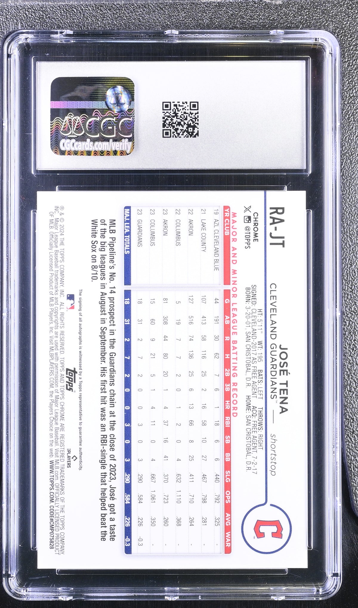 2024 Topps Chrome Rookie Autographs Jose Tena #RA-JT Purple /250 CGC 10 Auto 10