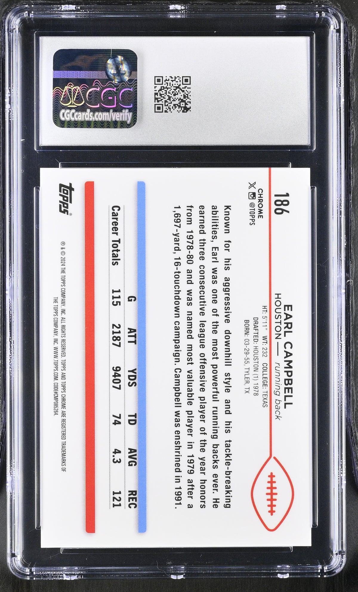 2024 Topps Chrome Sapphire Earl Campbell #186 Gold /50 CGC 10