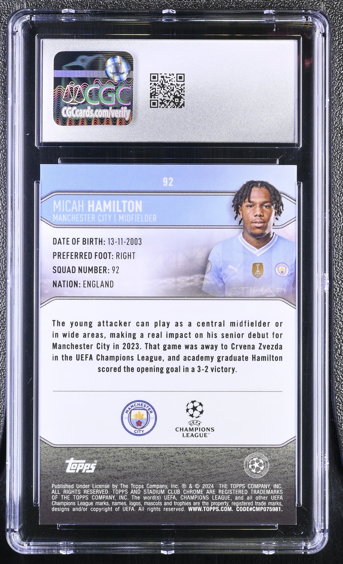 2023-24 Stadium Club Chrome Micah Hamilton #92 Members Variation Gold /50 CGC 10