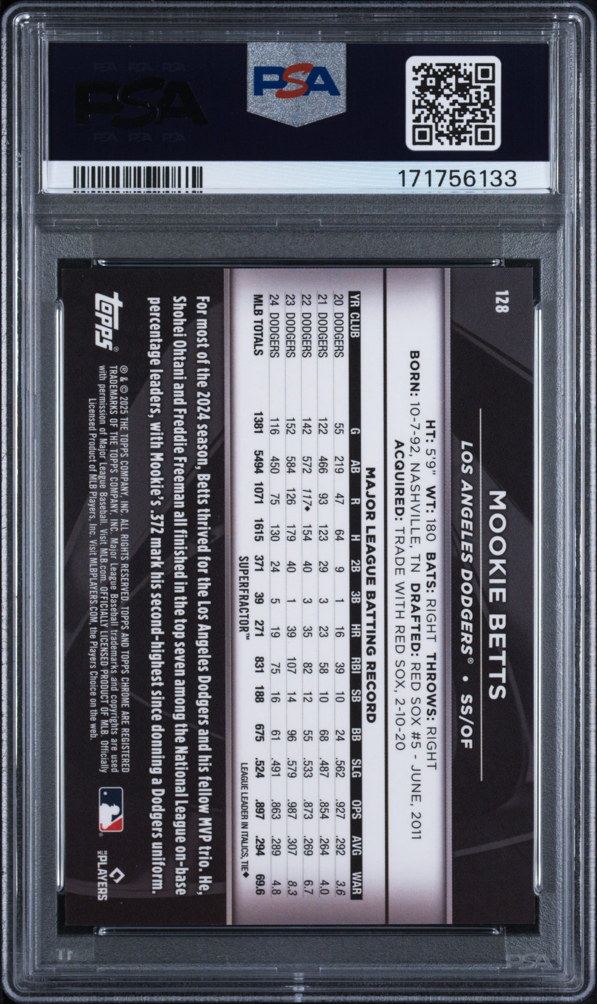 2025 Topps Chrome Black Mookie Betts #128 Superfractor /1 PSA 10