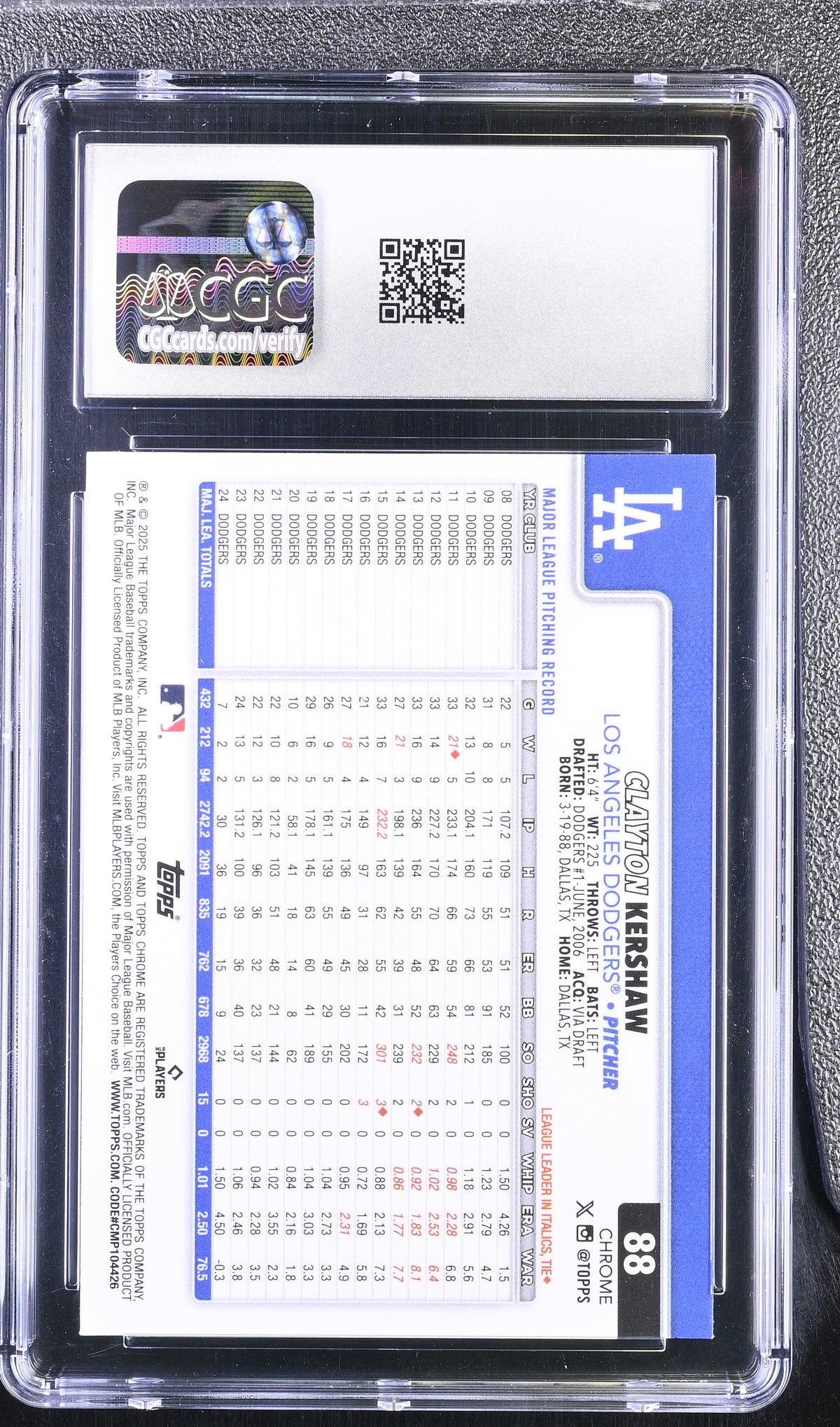 2025 Topps Chrome Clayton Kershaw #88 Blue Refractor /150 CGC 9