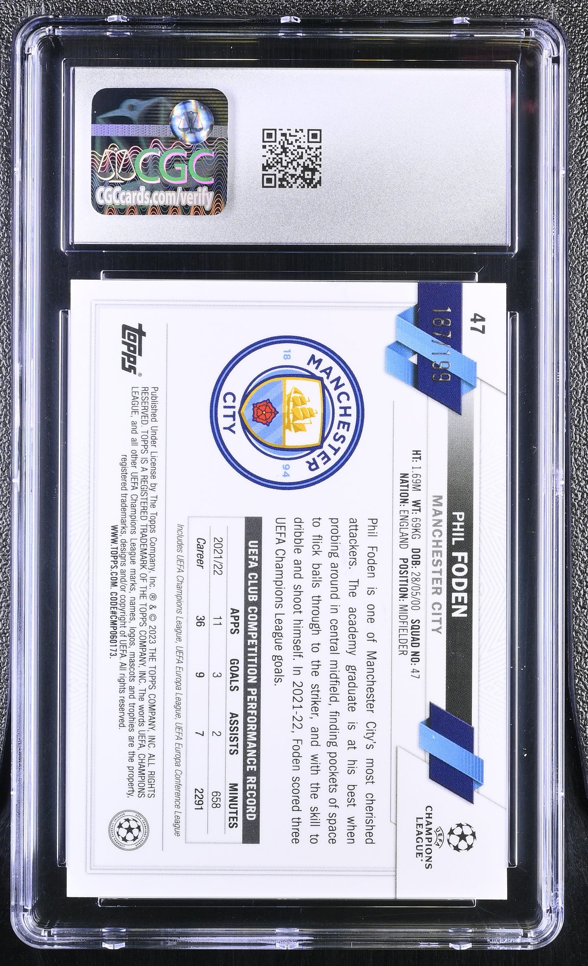 2022-23 Topps Chrome UEFA CC Phil Foden #47 Aqua Refractor CGC 10