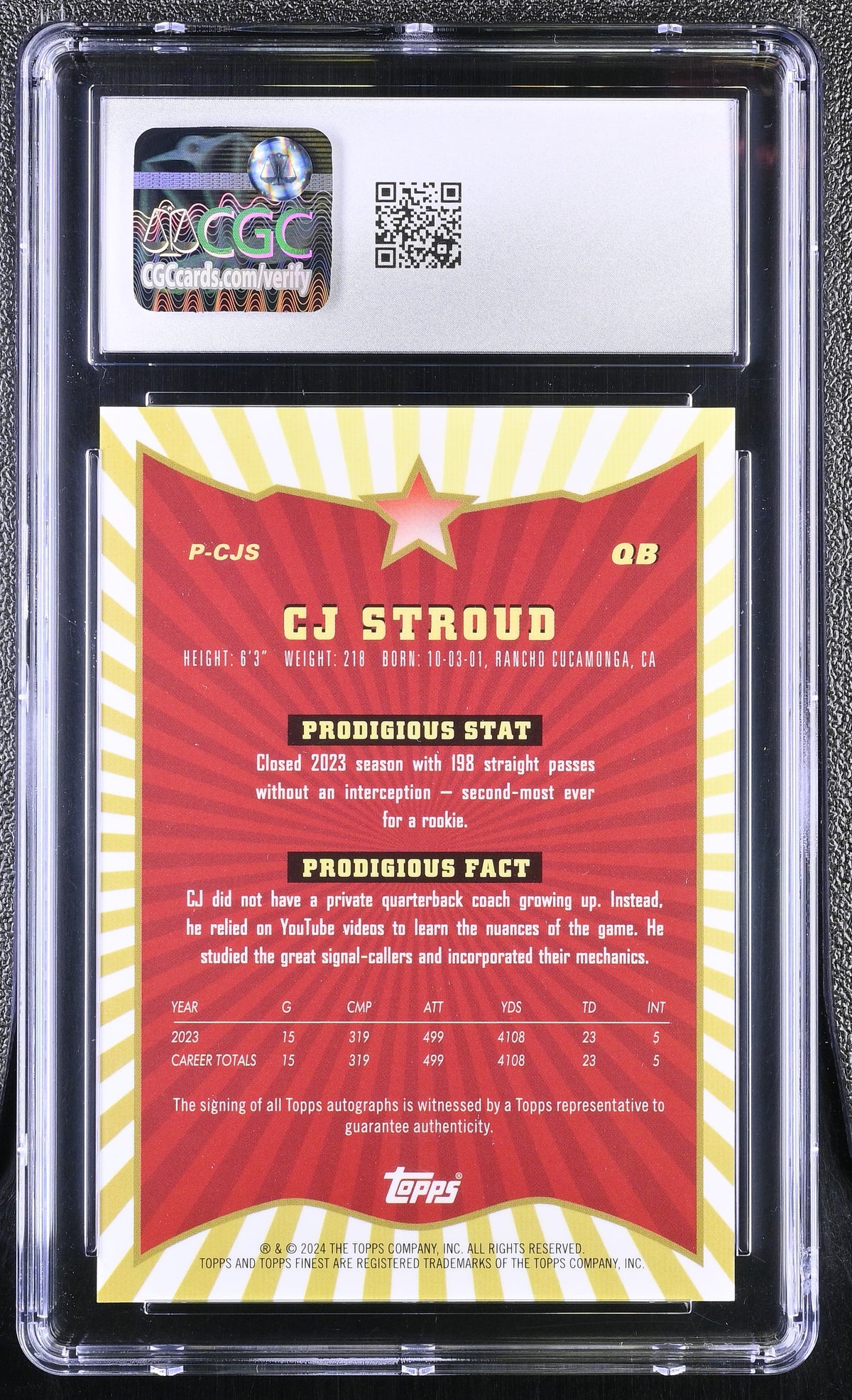 2024 Topps Finest C.J. Stroud #P-CJS Blue Checker /99 Prodigies CGC 10 Auto 10