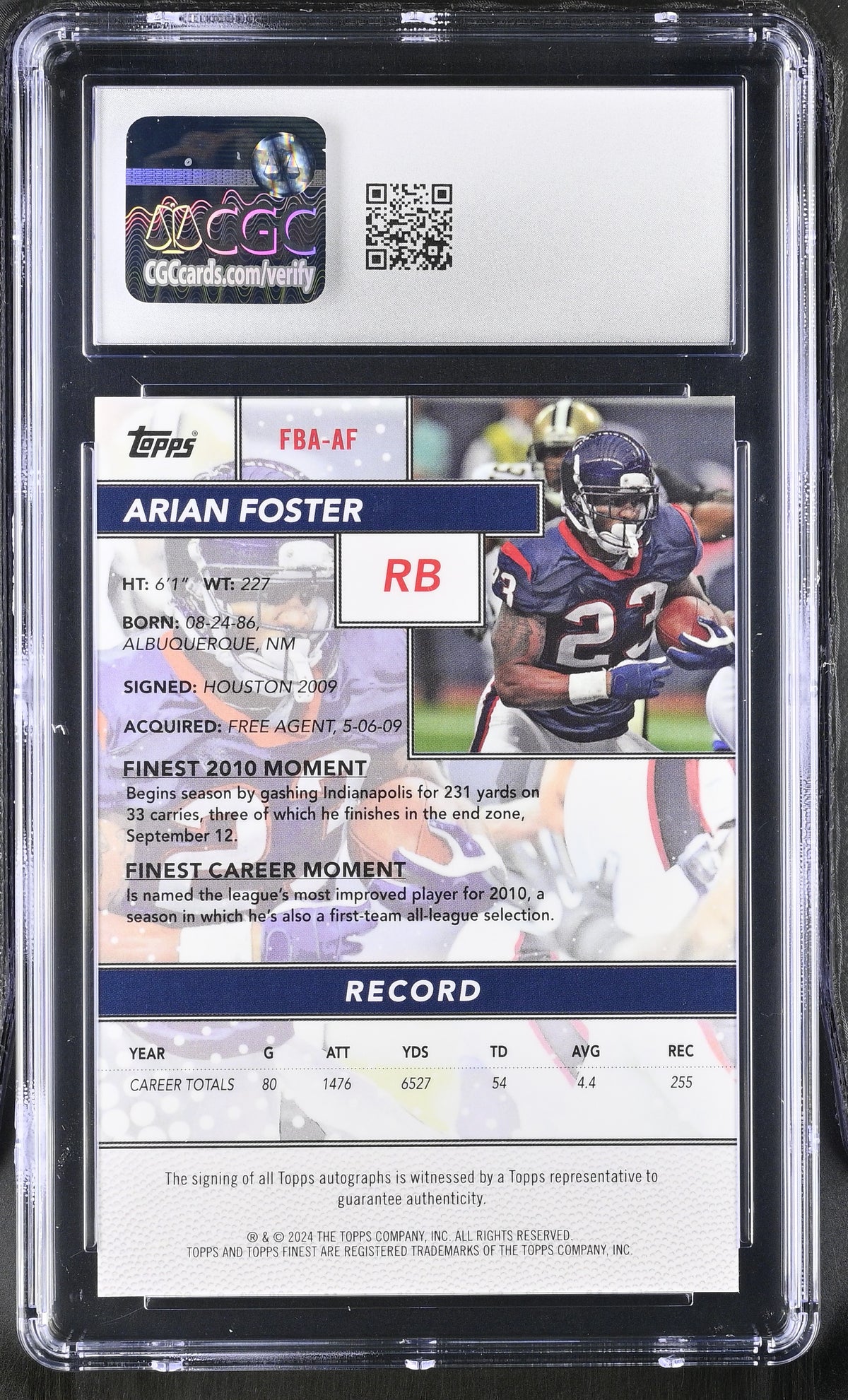2024 Topps Finest Arian Foster #FBA-AF Black Refractor /25 Flashback Autographs CGC 9 Auto 10