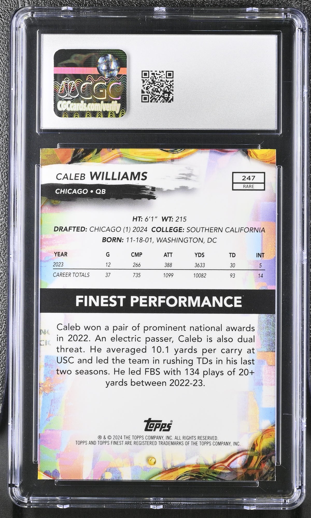 2024 Topps Finest Caleb Williams #247 Blue Refractor /99 CGC 10