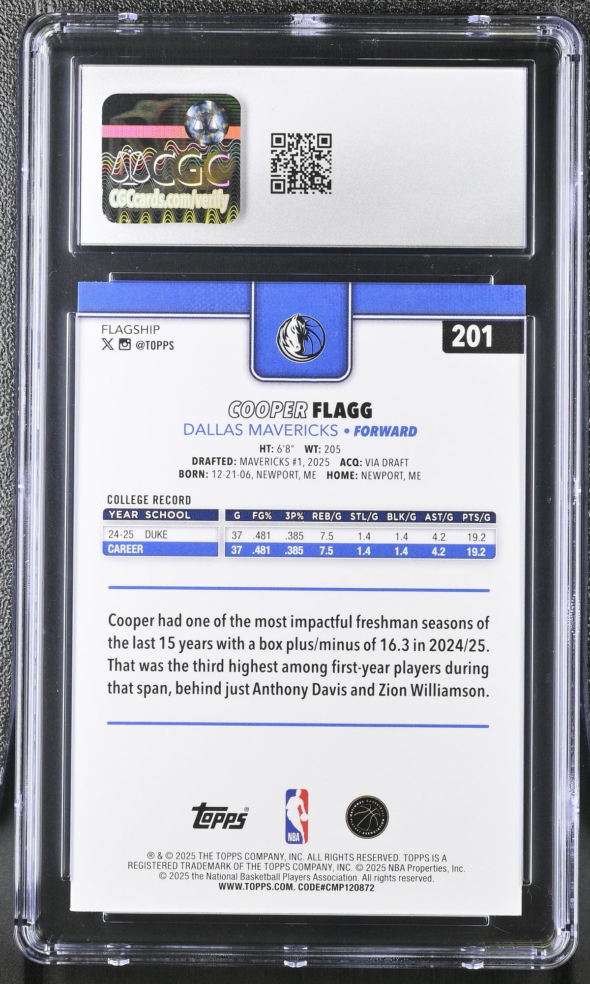 2025-26 Topps Cooper Flagg #201 CGC 8.5