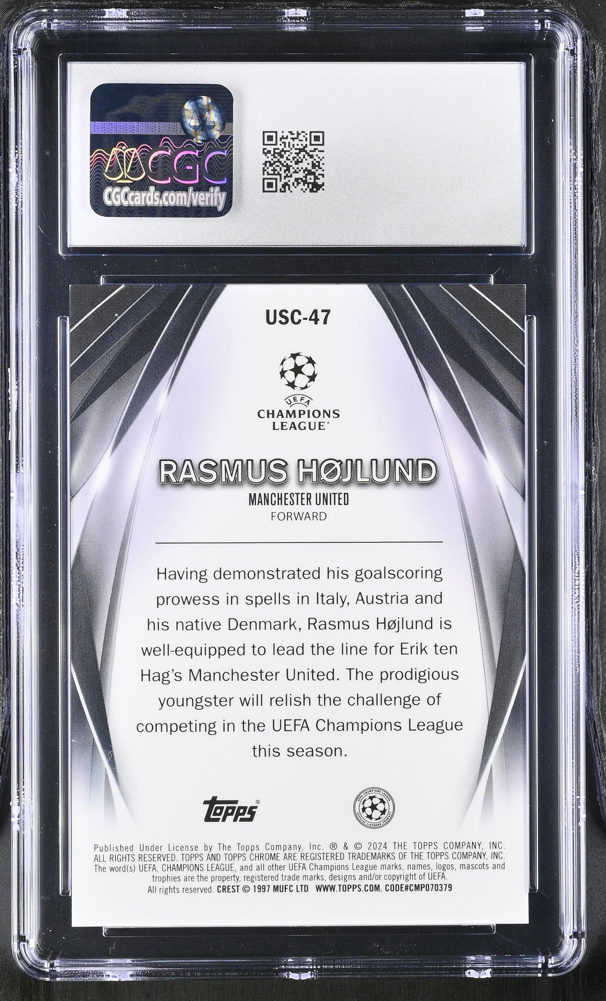 2023-24 Topps UEFA CC Rasmus Hojlund #USC-47 Purple /75 Ultimate Stage CGC 10