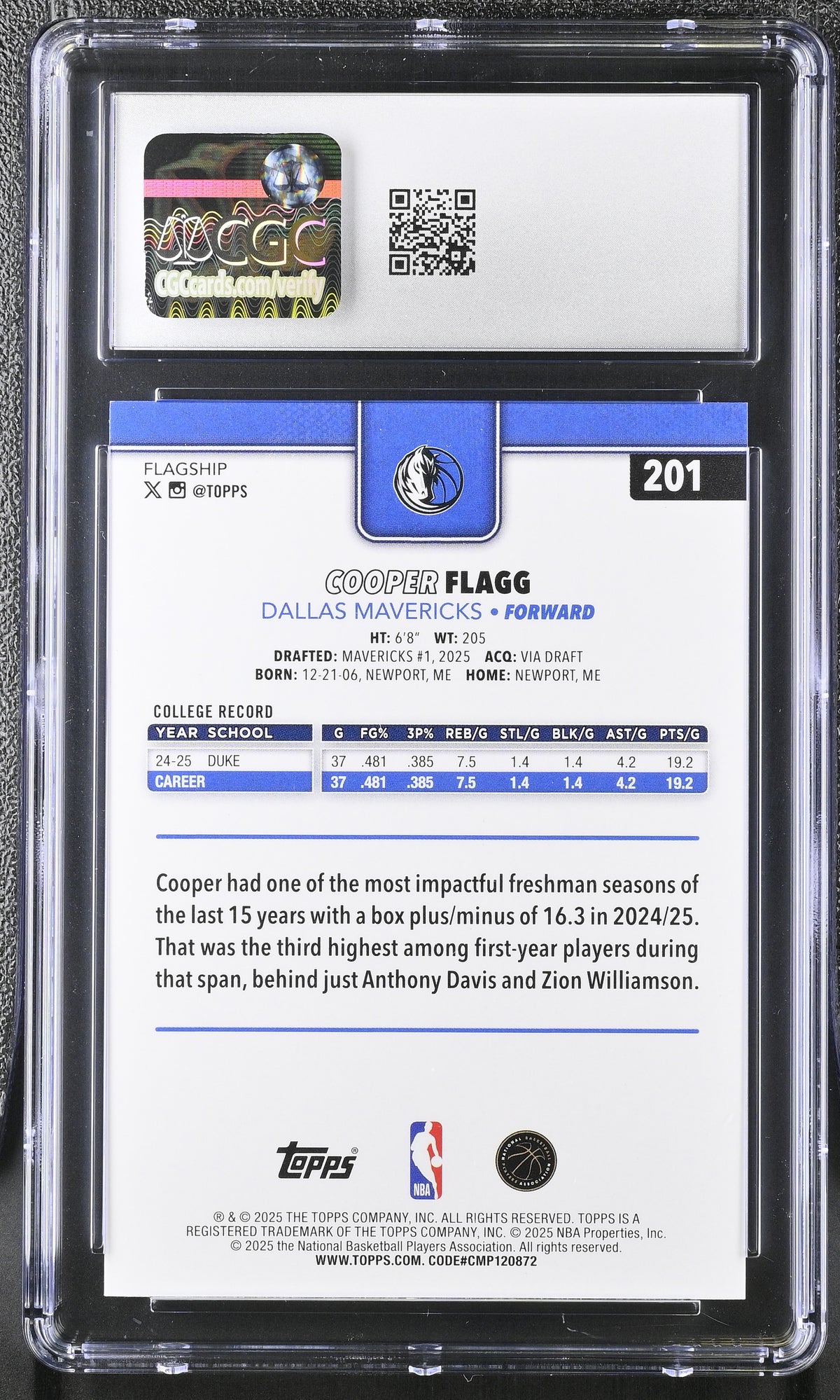 2025-26 Topps Cooper Flagg #201 CGC 9.5