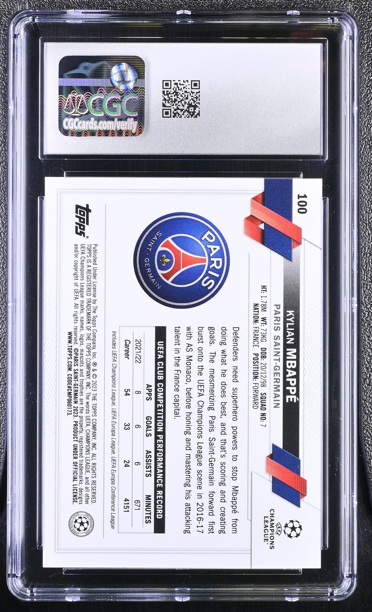 2022-23 Topps Chrome UEFA CC Kylian Mbappe #100 Pulsar Refractor CGC 10