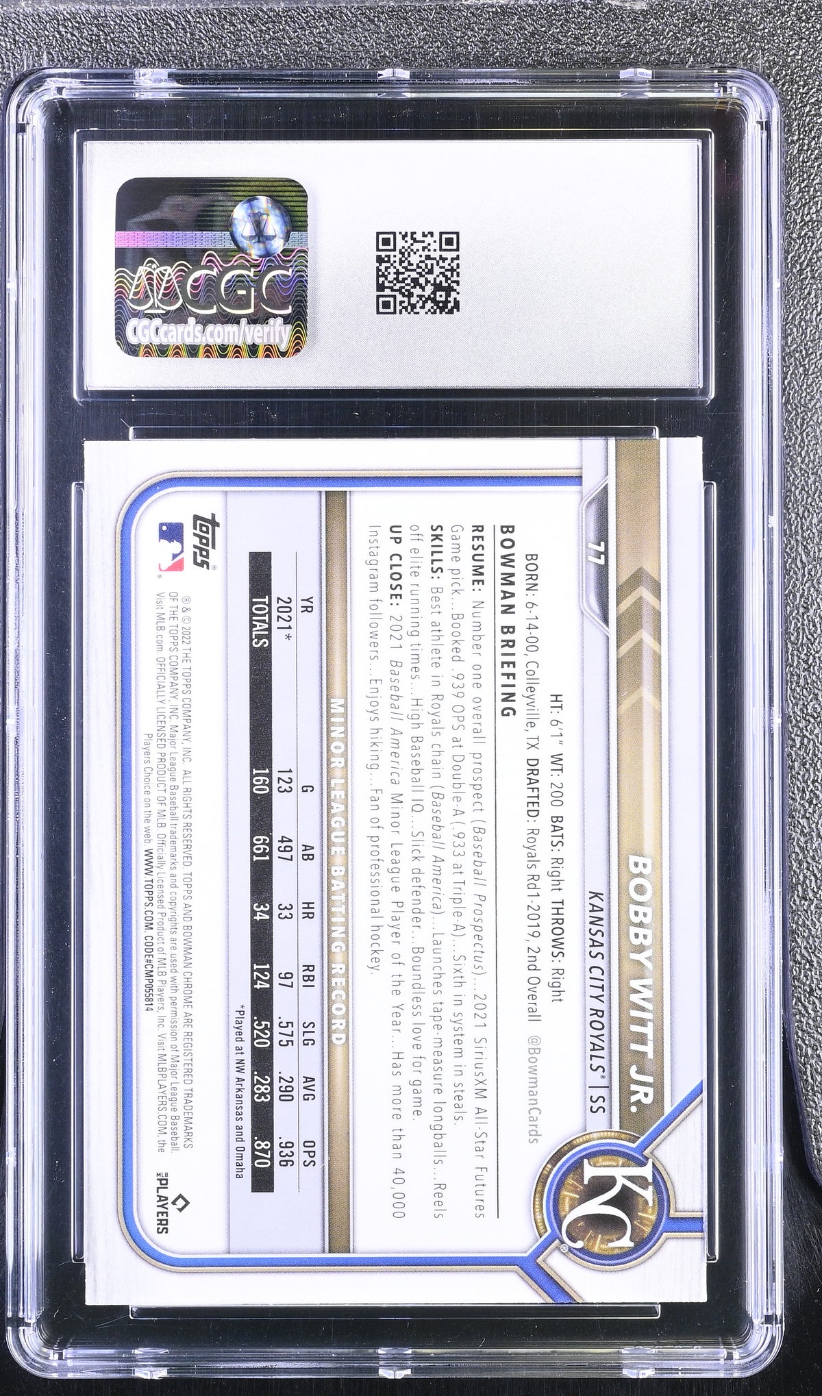 2022 Topps Bowman Chrome Bobby Witt Jr. #77 RC CGC 9