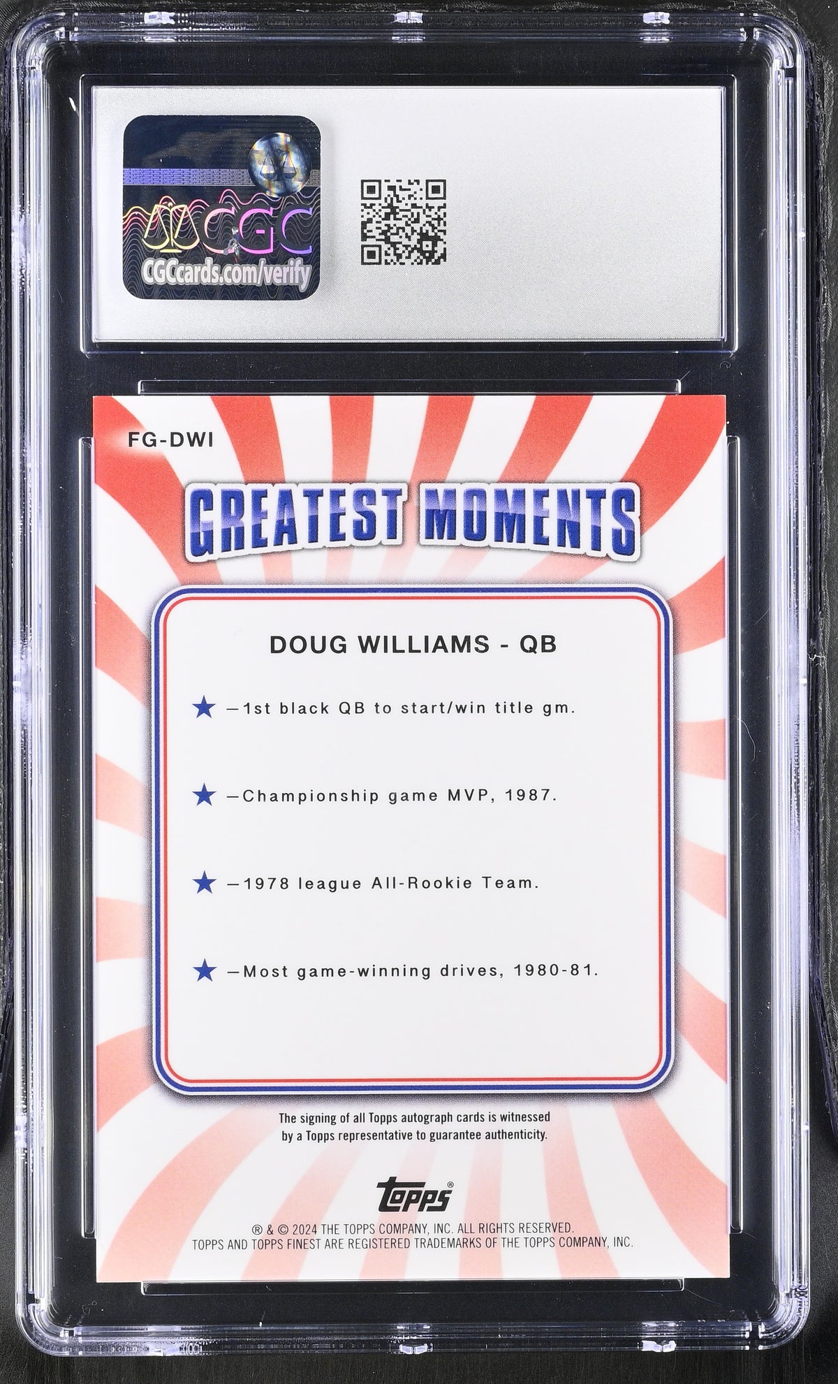 2024 Topps Finest Doug Williams #FG-DWI Black /25 Finest Greats  CGC 10 Auto 10