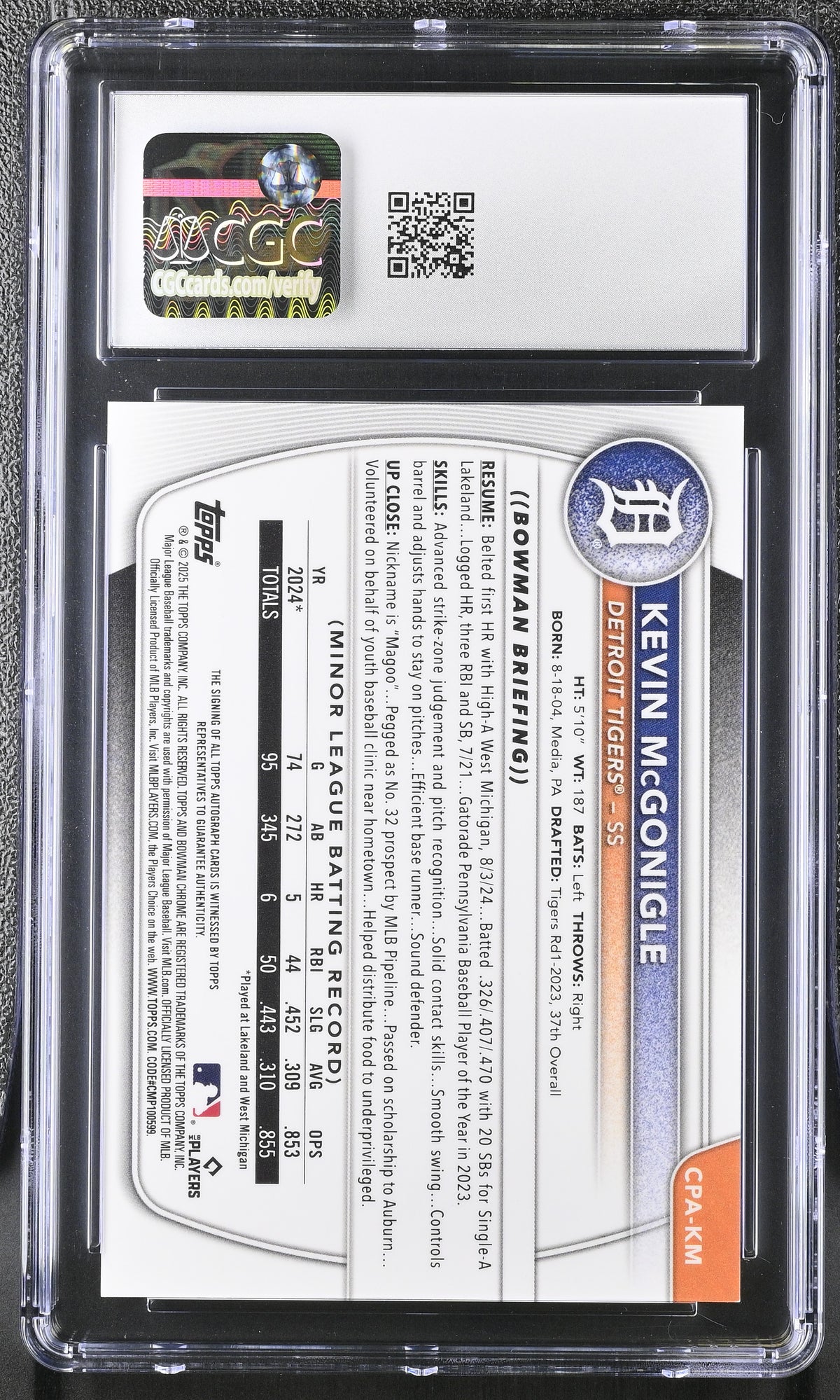 2025 Bowman Kevin McGonigle #CPA-KM Speckle /299 Chrome Prospects CGC 10 Auto 10