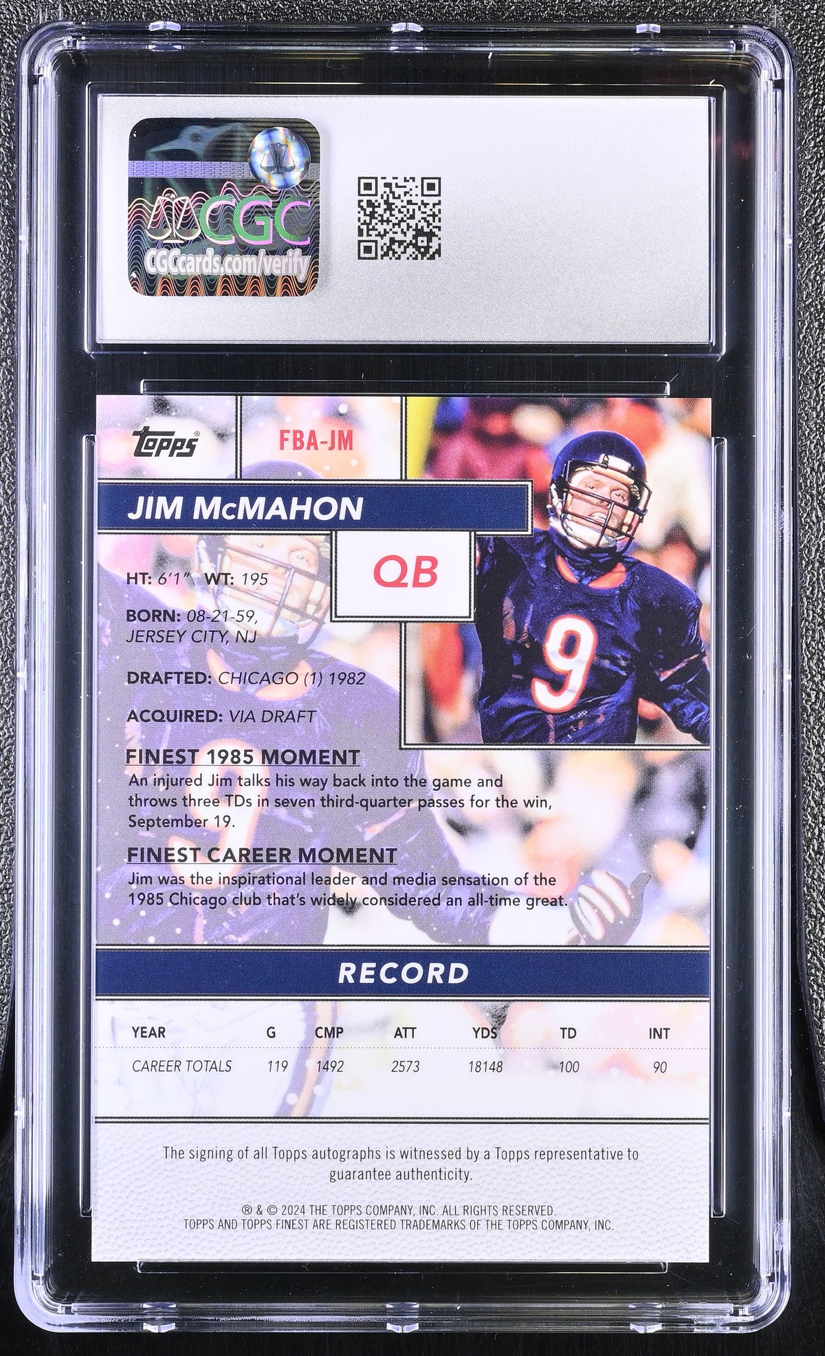 2024 Topps Finest Jim McMahon #FBA-JM Gold /50 Flashback Auto CGC 10 Auto 10