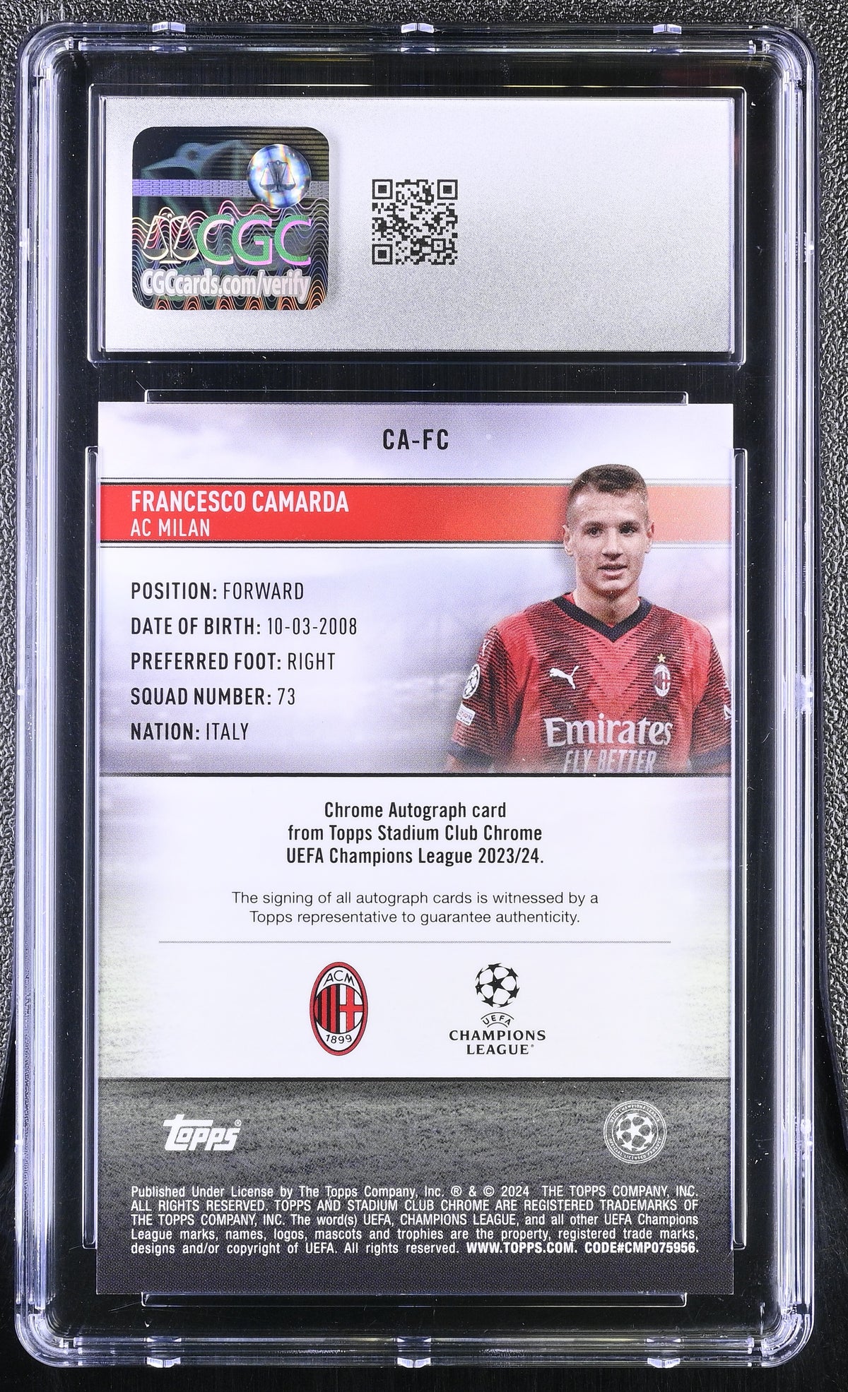 2023-24 Stadium Club CHR. Ucl Francesco Camarda #CA-FC Autographs CGC 10 Auto 9