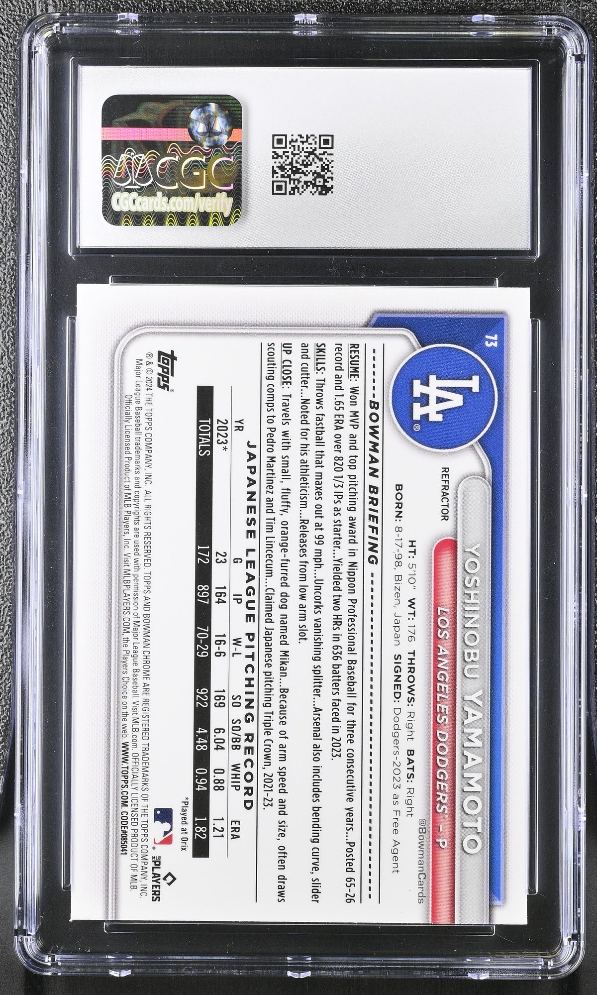 2024 Bowman Chrome Yoshinobu Yamamoto #73 Refractor /499 CGC 10
