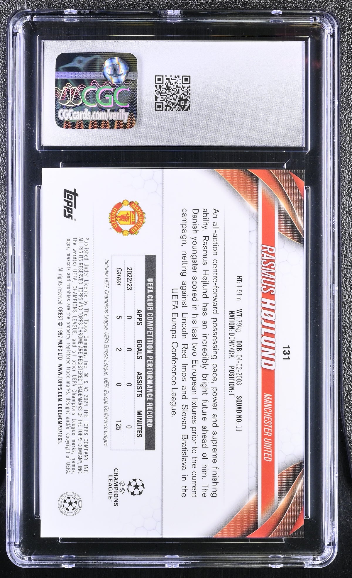 2023-24 Topps Chrome UEFA CC Rasmus Hojlund #131 Hero Variation CGC 10