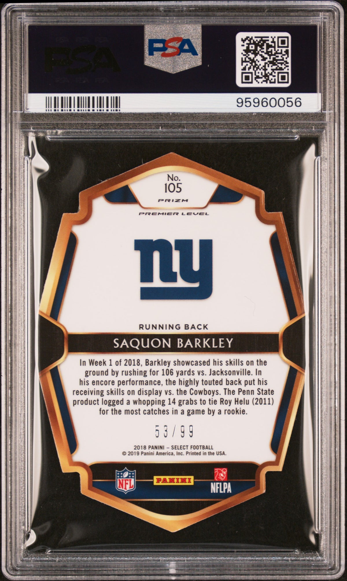 2018 Panini Select Saquon Barkley #105 Die Cut Light Blue Prizm PSA 9