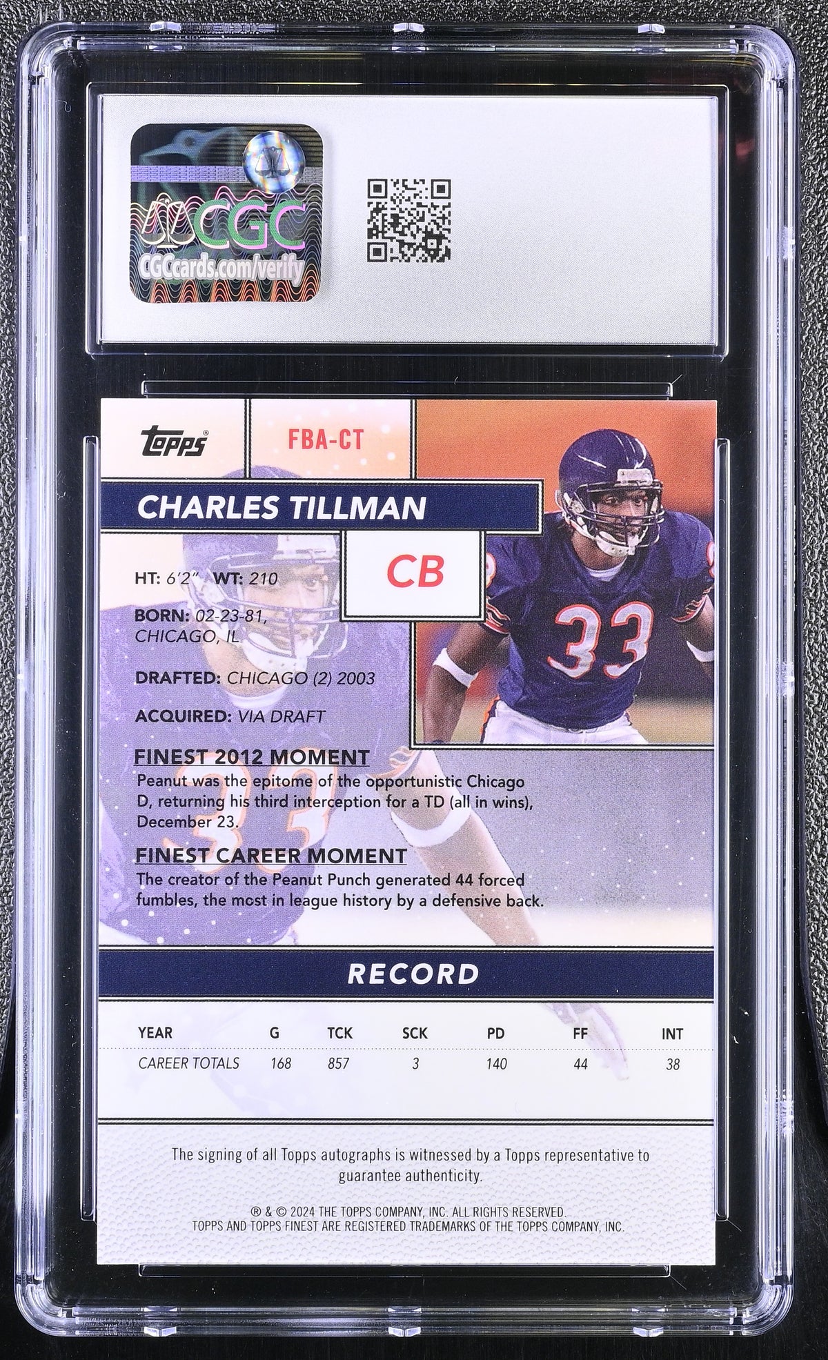 2024 Topps Finest Charles Tillman #FBA-CT Gold /50 Flashback Auto CGC 9 Auto 10